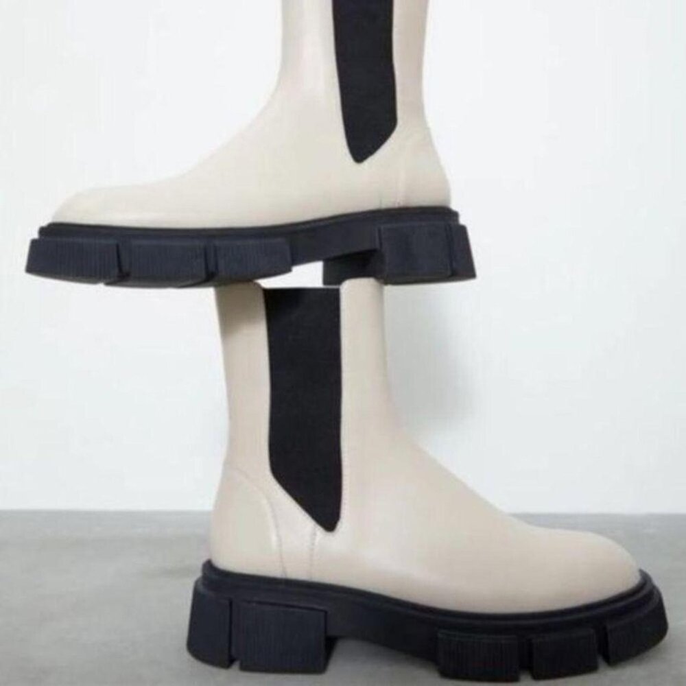 Zara Ecru Slip-On Lug Sole Leather Combat Chelsea Boots